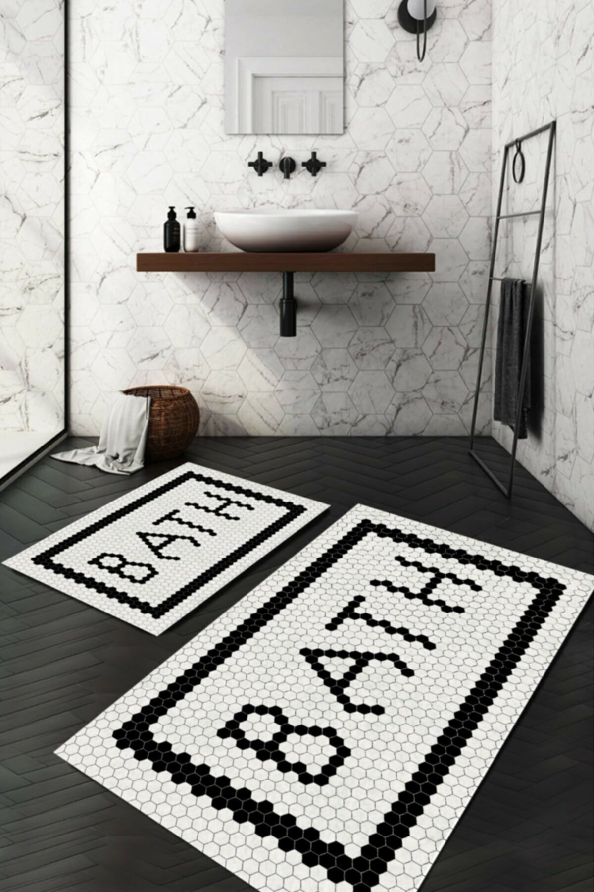 Evsebu Black Bath Yıkanabilir 2 'li Banyo Paspası Kaymaz Taban (50x60)-(60x100)