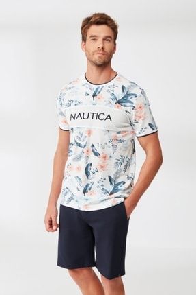 Nautica Yumuşak Dokulu Önden Düğmeli Şort Çiçek Deseli T-shirt Takım -318 NAU318