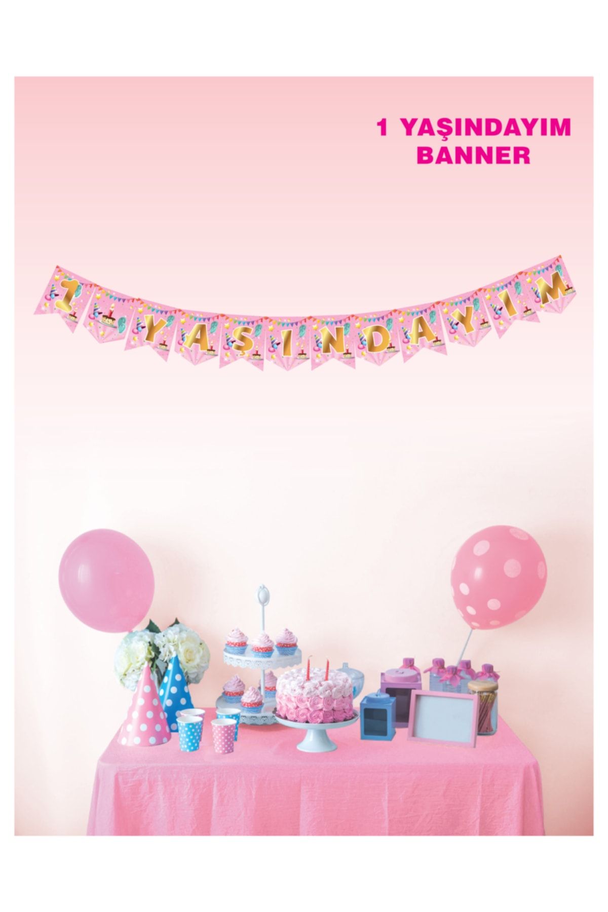 UĞUR BÖCEĞİ PARTY Banner I'm 1 Year Old Cu Scris În Aur Pe Roz - One Size