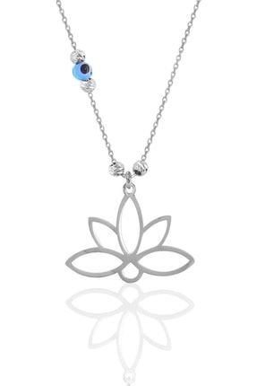 Gümüş Rodyumlu Nazarlı Dorica Sonsuz Yaşamın Simgesi Lotus Kolye SGTL11560