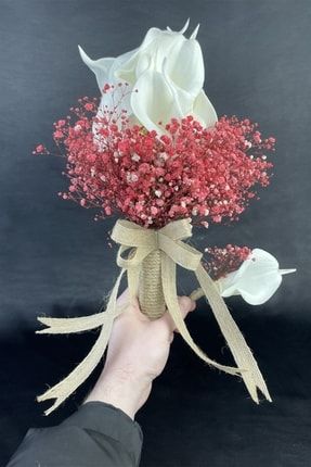 Beyaz Gala Gelin Çiçeği Kırmızı Cipso Gelin Buketi GBT108