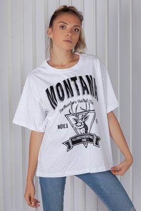 Kadın Beyaz Montana Baskılı Oversize T-shirt 1818199