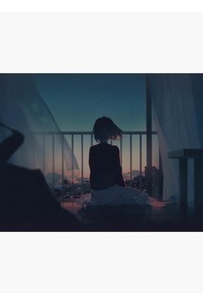 Geceleri Şehir Işıklarına Bakan Açık Pencerenin Yanında Oturan Kız f8f8f8(2719)anime