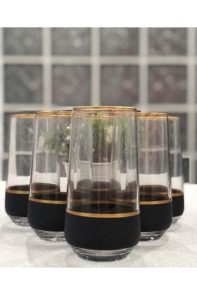 Allegra Su Meşrubat Bardağı, Su Bardağı 6 Kişilik Gold Detaylı Siyah Şeritli 470 Cc allegrasubardağıuzun