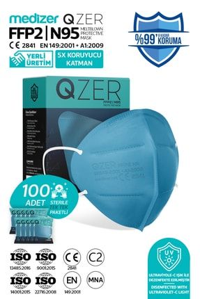 Qzer 100 Adet Mavi Renk 5 Katmanlı N95 Maske N95-100