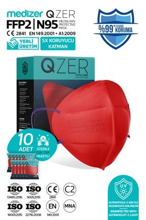 Qzer 10 Adet Kırmızı Renk 5 Katmanlı N95 Maske N95-10
