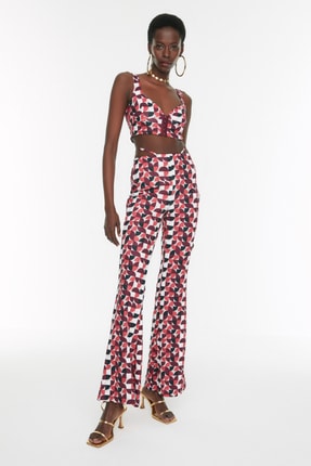 TRENDYOLMİLLA Bordo Geometrik Desenlli &Ouml;rme Pantolon TPRSS22PL0052