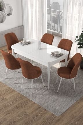 Kor Serisi 70x114 Açılabilir Beyaz Mutfak Masası Takımı-6 Adet Kiremit Sandalye PRA-4858011-124717
