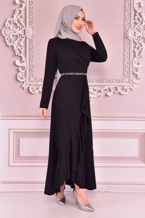 Kuşaklı Elbise Siyah Kbr5078
