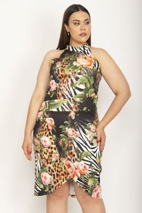 Kadın Renkli Halter Yakalı Eteği Kapalı Anvelop Çiçek Desenli Elbise 26A26924