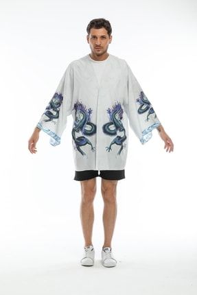 Ejderha Figürlü Erkek Kimono-beyaz CEK00031