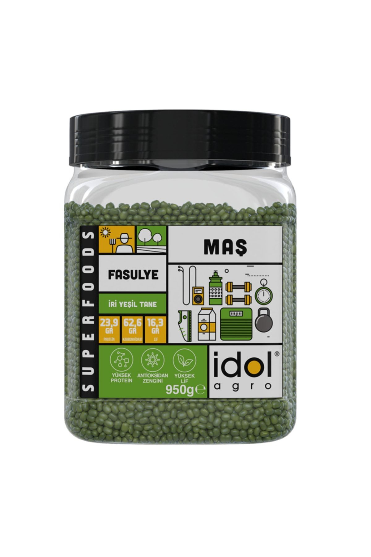 idolagro Maş Fasulyesi - 950 gr - Superfoods - Yüksek Protein Lif, Tam Yeşil Tane