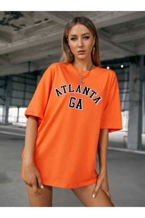 Atlanta Baskılı Turuncu Oversize Kadın T-shirt atlanta