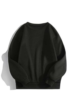 Siyah Basic 0 Sıfır Yaka Baskısız Düz Oversize Salaş Bol Kesim Polar Sweatshirt 01BSC