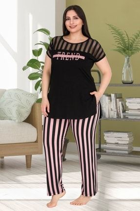 Siyah Renk Çizgili Lady-10772 Kısa Kol Kadın Büyük Beden Pijama Takımı LADY-ST104