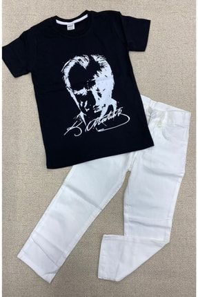 Gökkuşağı Tasarım Ata Baskılı Penye T-shirt - Keten Pantolon 104