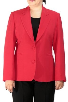 Kadın Kırmızı Büyük Beden Düğmeli Klasik Ceket 01A