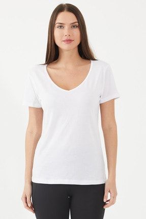 Kadın Beyaz Basic V Yaka T-Shirt BAYANBASİCVYAKA