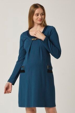 Hamile Aksesuar Yakalı Arka Bağcıklı Mini Elbise Mavi 5200
