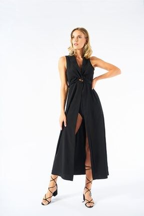 Kadın Siyah Yırtmaçlı Uzun Elbise QS20-600016