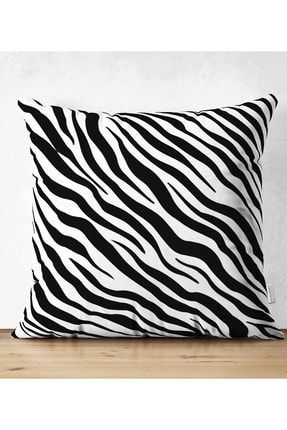 Çift Taraflı Beyaz Zeminli Siyah Zebra Desenli Dijital Baskılı Modern Süet Yastık Kırlent Kılıfı Suet-K-8044
