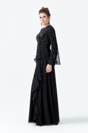 Kadın Siyah Payet Garnili Valonlu Elbise-leyra ELBİS-00125