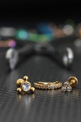 Zirkon Taşlı Cerrahi Çelik Kıkırdak Ve Tragus Set Piercing Gold 548957022