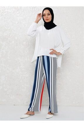 Kadın Mavi Şerit Desenli Salaş Pantolon pnt.20.VMX.0001-MVI