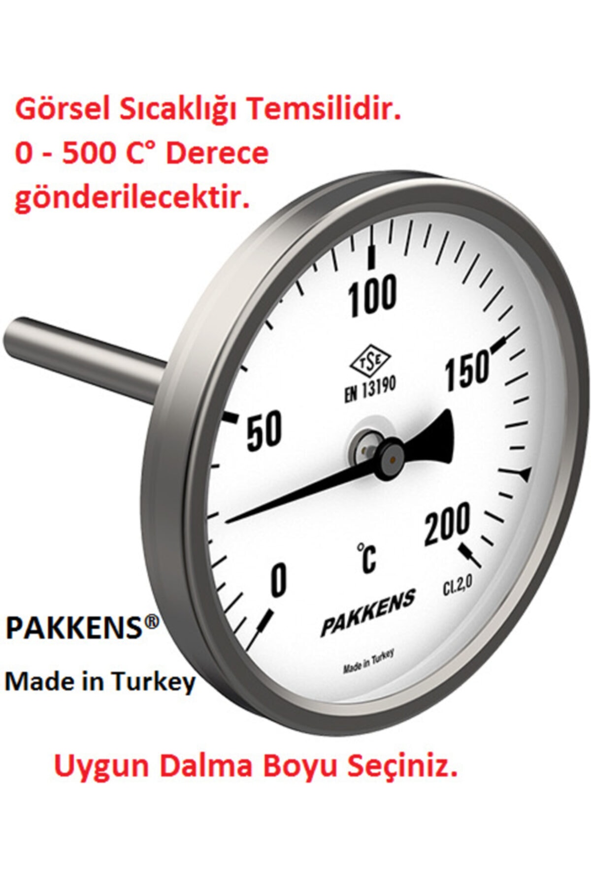 Pakkens Çap Ø100mm 500 C° Derece 20 Cm Dalma Boylu, Fırın, Taş Fırın Termometresi, Paslanmaz Çelik