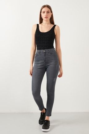Kadın Gri Yüksek Bel Skinny Pamuklu Jeans Kot Pantolon 58713259