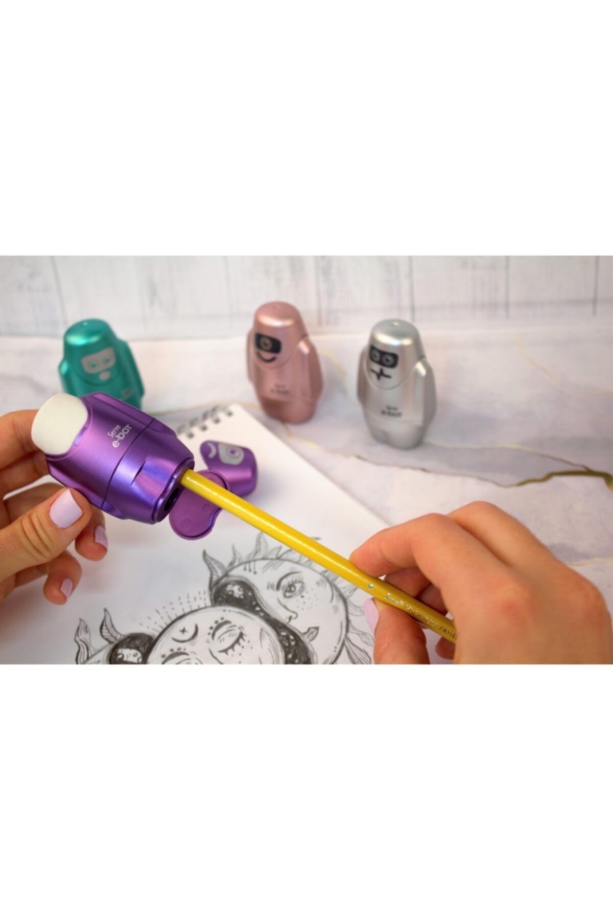 Serve-E-bot Pencil Sharpener with Eraser - Metallic Colors - Set of 4 5