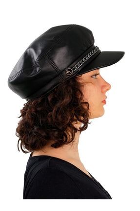 Siyah Deri Kadın Kaptan Denizci Tipi Saten Astarlı Kasket Şapkası TRMCL1