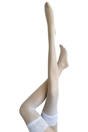 Kadın Beyaz File Silikonlu Dantelli Jartiyer Çorabı FZ29254BYZFİLE