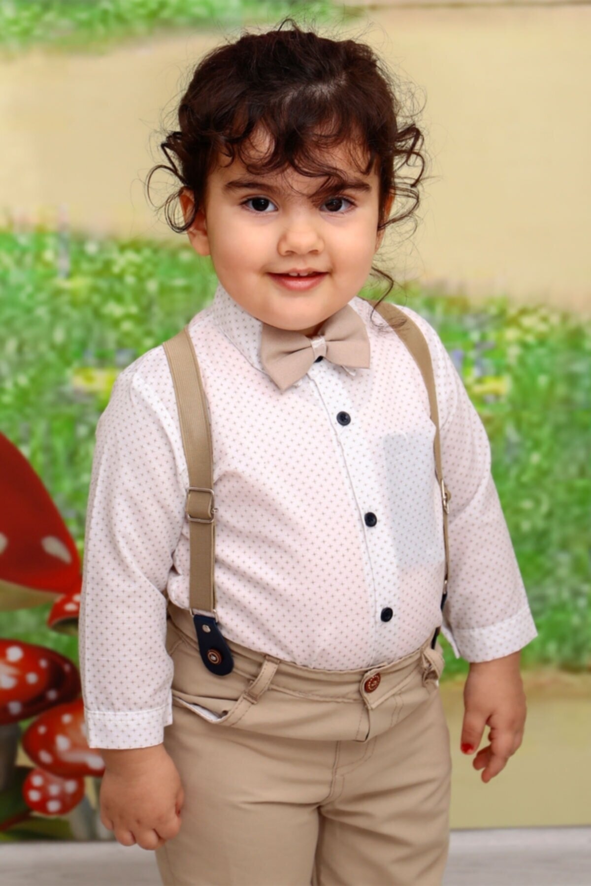 Mika Bebek & Çocuk Dar Kalıp Bej Pantolon Gömlek Papyon Erkek Bebek Salopet Takım fotoğrafı 7 (önizleme)