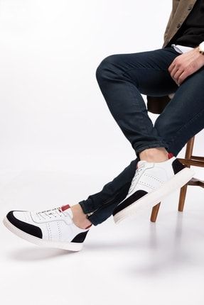 Beyaz - Hakiki Deri, Çok Rahat, Dikişli, Sneaker Deri Ayakkabı PA-514489