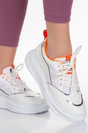 Beyaz Turuncu Gümüş Renk Detaylı Günlük Kadın Sneaker Spor Ayakkabı vizyon-spor-3