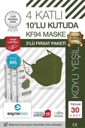 N95/ffp2 Kore Tipi 4 Katlı Haki Yeşil Maske, Tekli Poşet, Uv Steril (3 KUTU/ 30 ADET) N95-ADT-30