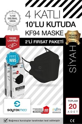 N95/FFP2 Kore Tipi, 4 katlı, SİYAH Maske, Tekli Paket, UV Steril (2 Kutu/ 20 Adet) TYC00356161845