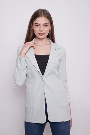 Kadın Mint Renk Yakalı Cepli Uzun Kol Katlamalı Kollar Lepoar Desenli Blazer Kumaş Ceket 37000