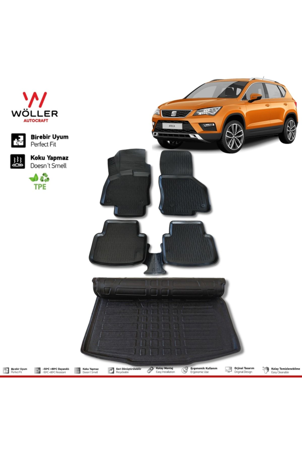 Комплект коврика для багажа Wöller Seat Ateca Mat, совместим с 2017 по 2023 год. 3d Ultraflex Set wöllersetultra020