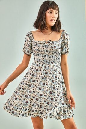 Kadın Gipeli Ip Bağlamalı Küçük Çiçek Desenli Elbise 10091046