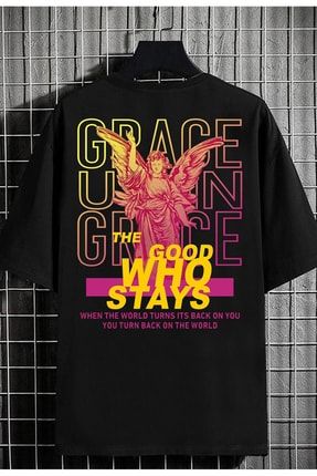 Oversize Unisex Grace Siyah Baskılı % 100 Pamuk T-shirt TS-GRACETSHT