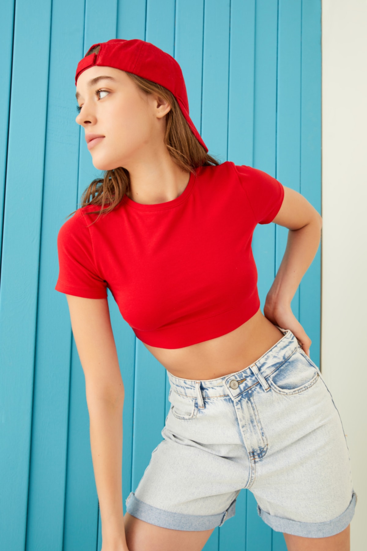Women's Red Cotton Lycra Crop T-Shirt