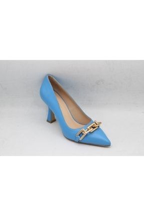 Kadın Hakiki Deri Mavi Altın Zincirli Orta Topuklu Ayakkabı HS-6474
