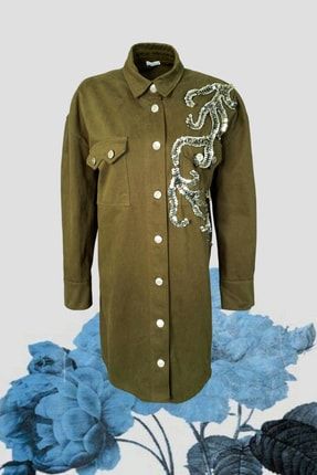 Gümüş Dal Işlemeli Uzun Asker Yeşili Jean Ceket GDİAYJC
