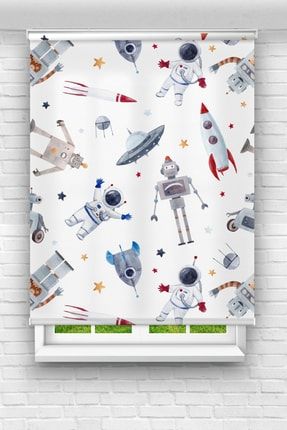 Uzay Gemisi Astronot Robot Desenli Çocuk Odası Dijital Baskılı Stor Perde - Fstr-227 FSTR-227