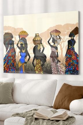 Etnik Desenli Afrika Siyahi Kadınlar | Etnik Temalıcam Tablo | 50x70 Cm 5070OLCTM168
