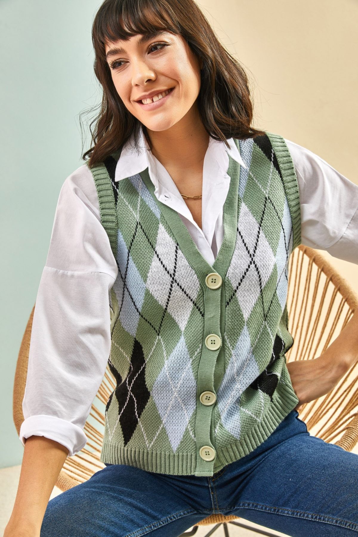 Bianco Lucci Strickjacke Grün Regular Fit