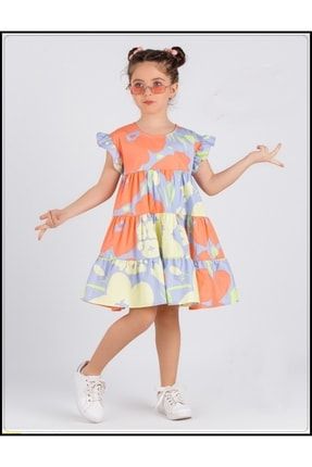 Dmb Yazlık Pamuklu Kloş Katlı Etekli Fırfır Kollu Poplin Kız Çocuk Elbise dmb 2900