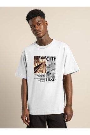 Erkek Beyaz Urban City 1980 Baskılı Tshirt Blacksokakurbantshirt